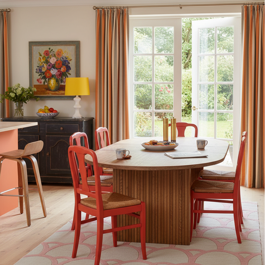Dining room with round wooden table and red chairs, gray rug, large window, and pink accents.