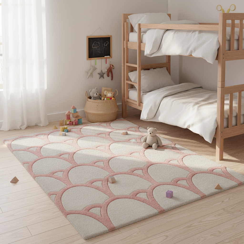 A large rectangular area rug with a repeating scallop or wave-like arch pattern in blush pink and off-white, styled on a light wood floor in a child's bedroom next to a wooden bunk bed.