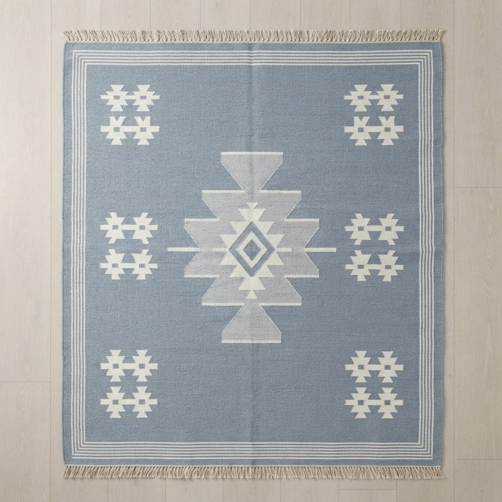 Denim Sky Nomad Flatweave Cotton Dhurrie Rug - studio photo