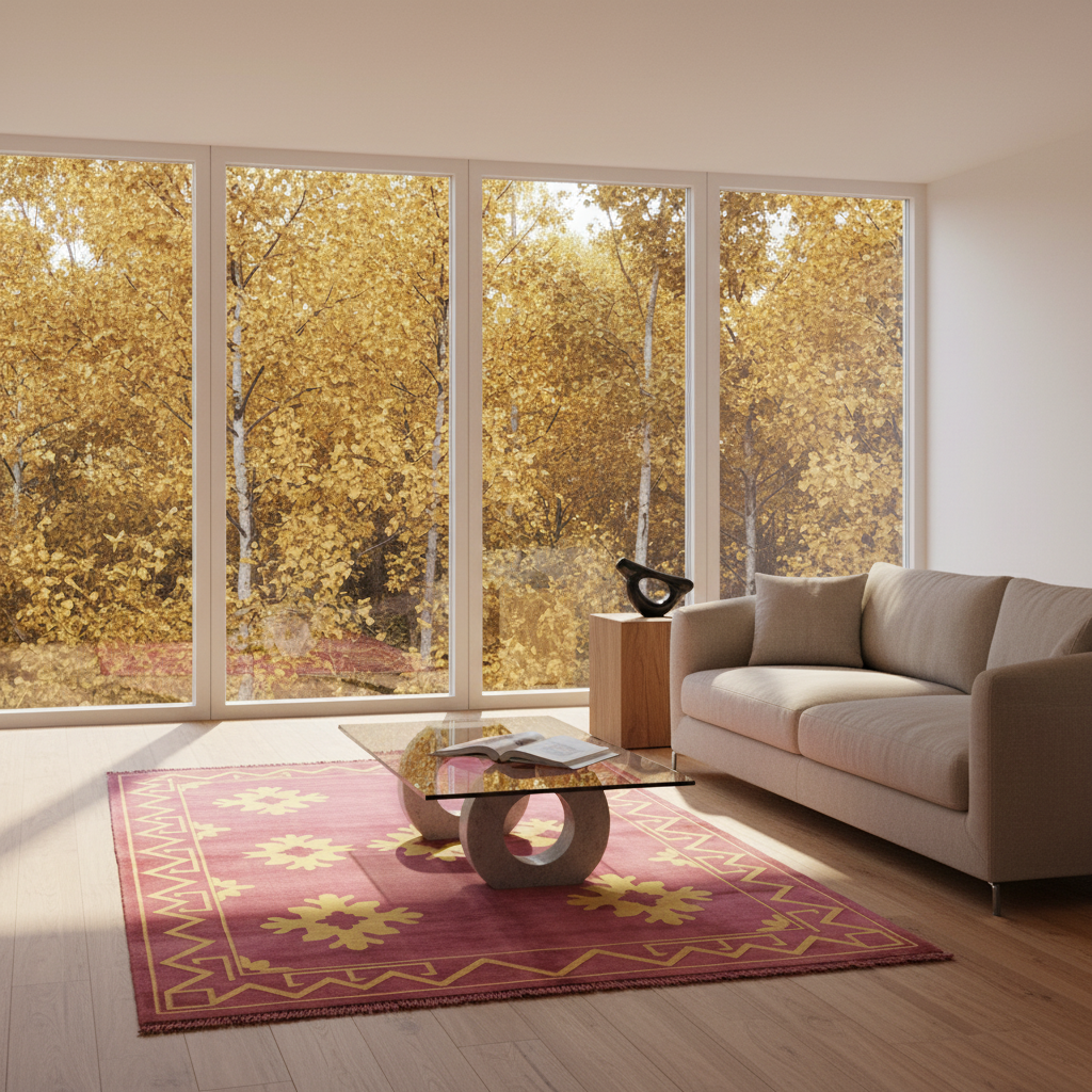 A modern living room with a beige sofa, a glass-top coffee table, and a red and yellow patterned rug, set against large floor-to-ceiling windows showing a golden autumn forest view.