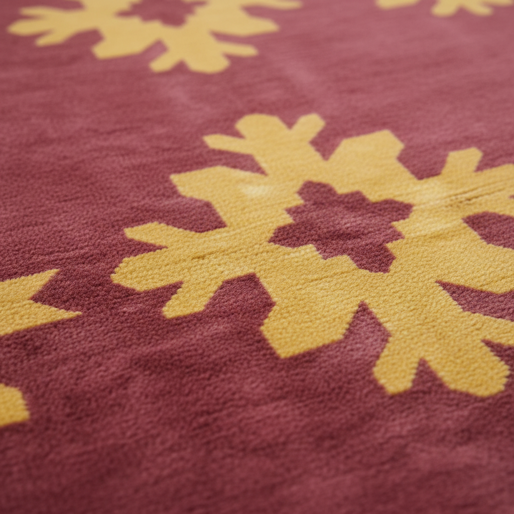 Close-up of a plush rug with a deep burgundy red background and large mustard yellow snowflake patterns.