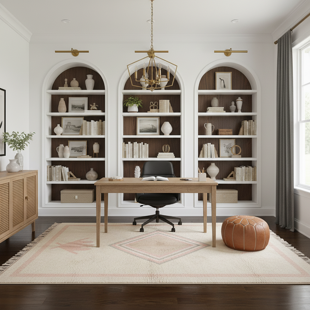 A styled home office interior featuring three large arched built-in shelves with books and vases, a wooden desk, a black office chair, a brass pendant light, a patterned cream rug, and a brown leather pouf on a dark wood floor.
