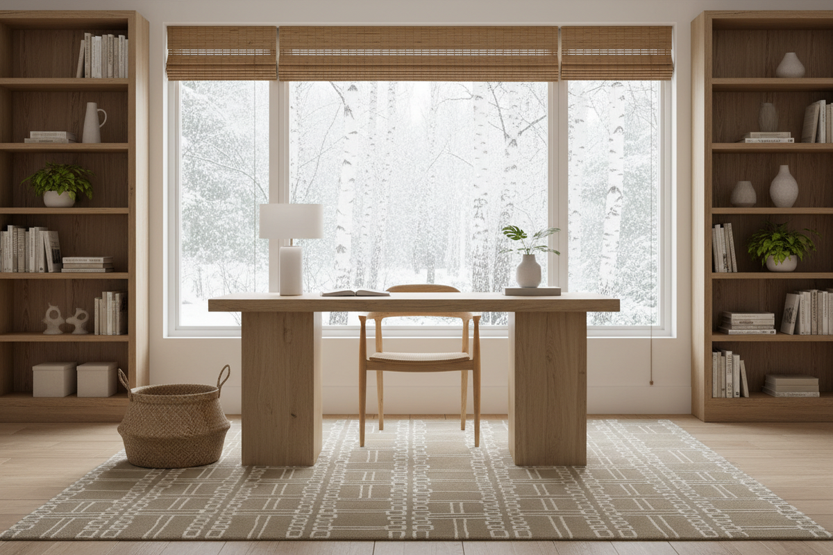 Modern home office with wooden desk, chair, neutral handmade rug, and bookshelves.
