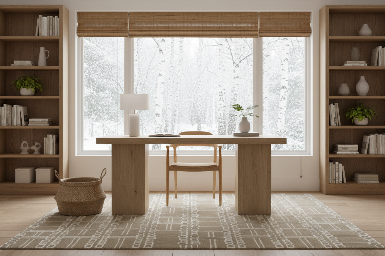 Modern home office with wooden desk, chair, neutral handmade rug, and bookshelves.