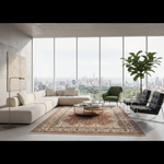 A modern living room with a large beige sectional sofa, a patterned area rug, a green accent chair, black leather chairs, and a tall potted plant, all arranged in front of floor-to-ceiling windows overlooking a city skyline.
