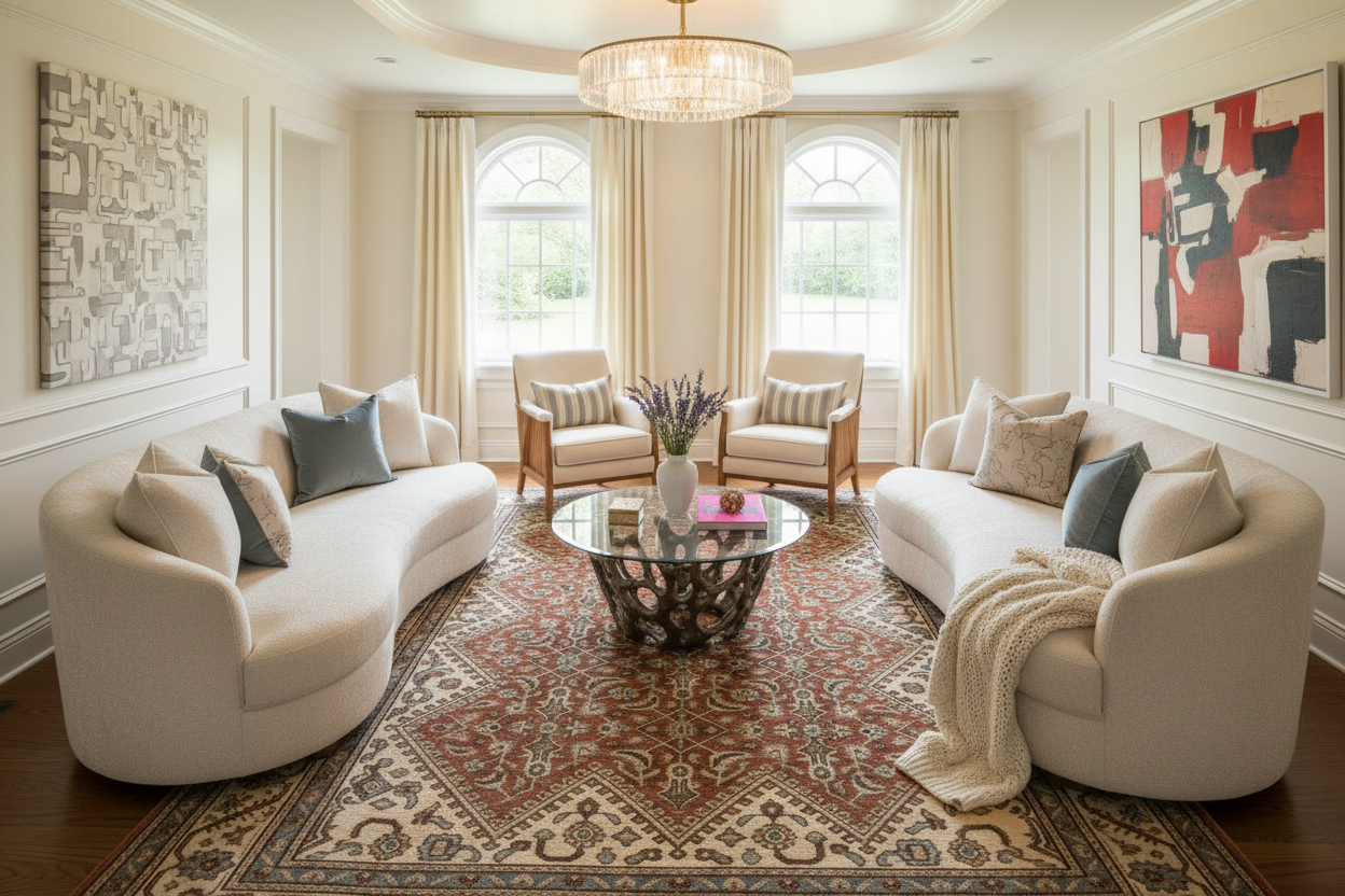 Living room with white furniture, decorative rug, and artwork on walls.