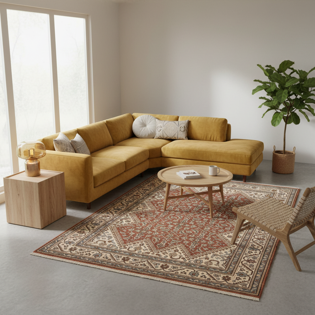 A mustard yellow sectional sofa in a bright, modern living room with a patterned area rug, wooden coffee table, woven chair, and a potted fiddle-leaf fig plant.