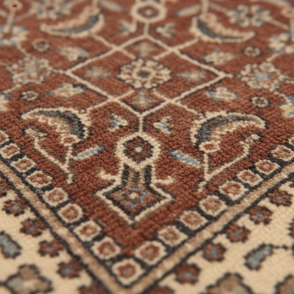 Close-up of a traditional patterned rug with a warm rust-brown field, cream borders, and muted blue-gray accents.