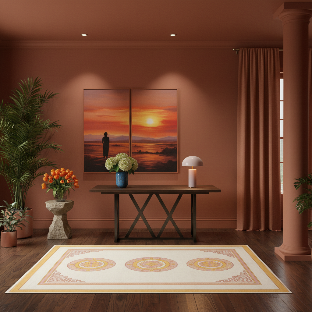 A styled interior scene with a large cream area rug featuring circular medallion motifs in warm beige, gold, and rust tones. The rug is placed on dark wood flooring in a room with terracotta walls, a console table, a lamp, potted plants, and a window with curtains.