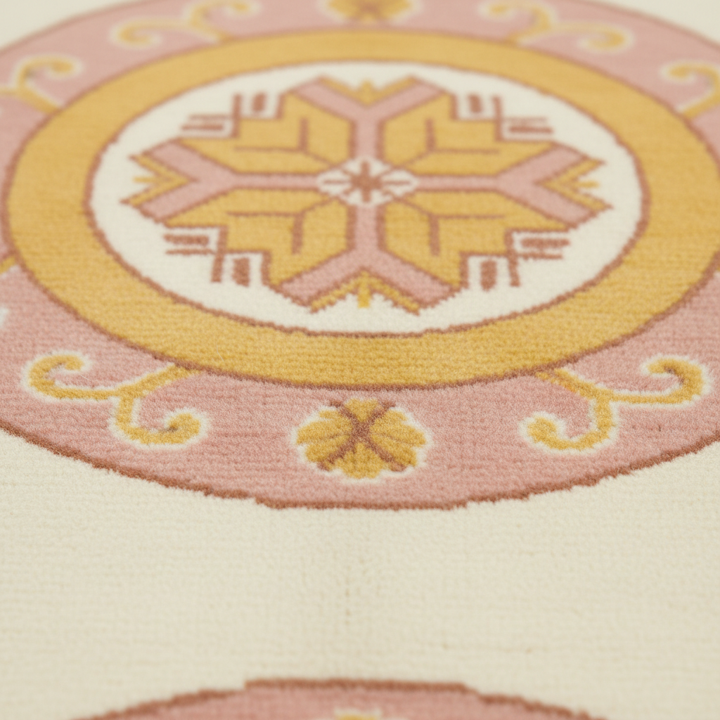 Close-up of a textured area rug featuring a circular medallion pattern in cream, dusty pink, mustard yellow, and light orange.