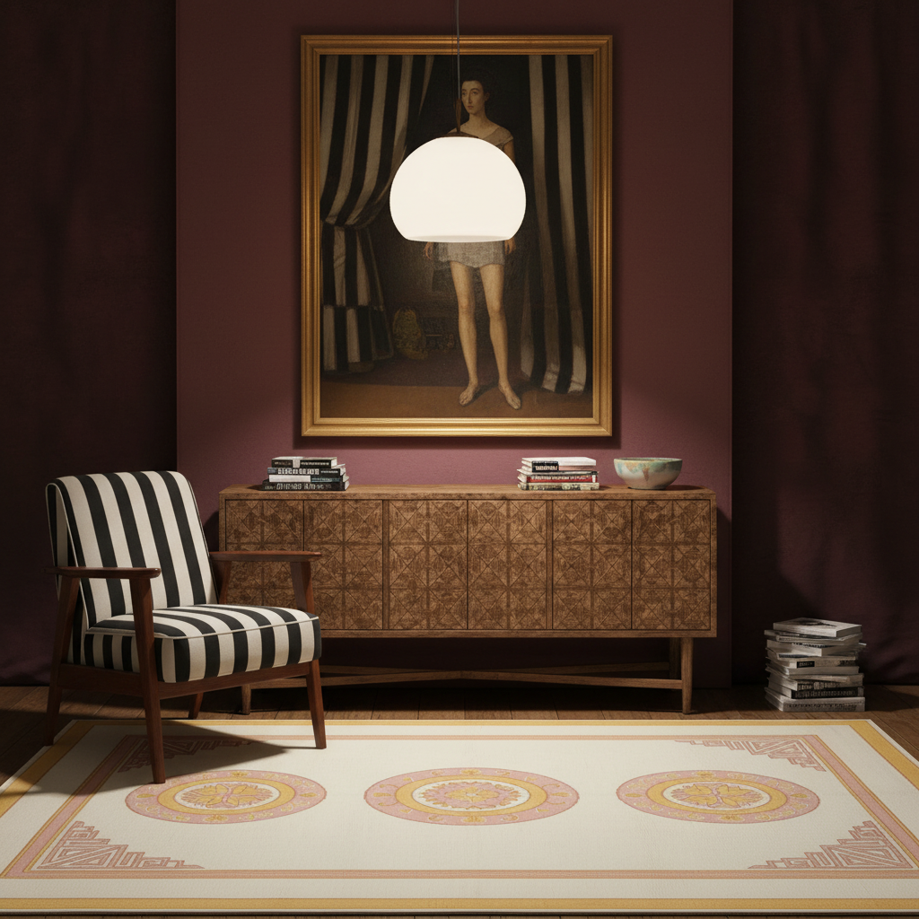 A styled interior scene with a mid-century sideboard, striped armchair, pendant light, framed portrait, and a patterned area rug against a deep burgundy wall.