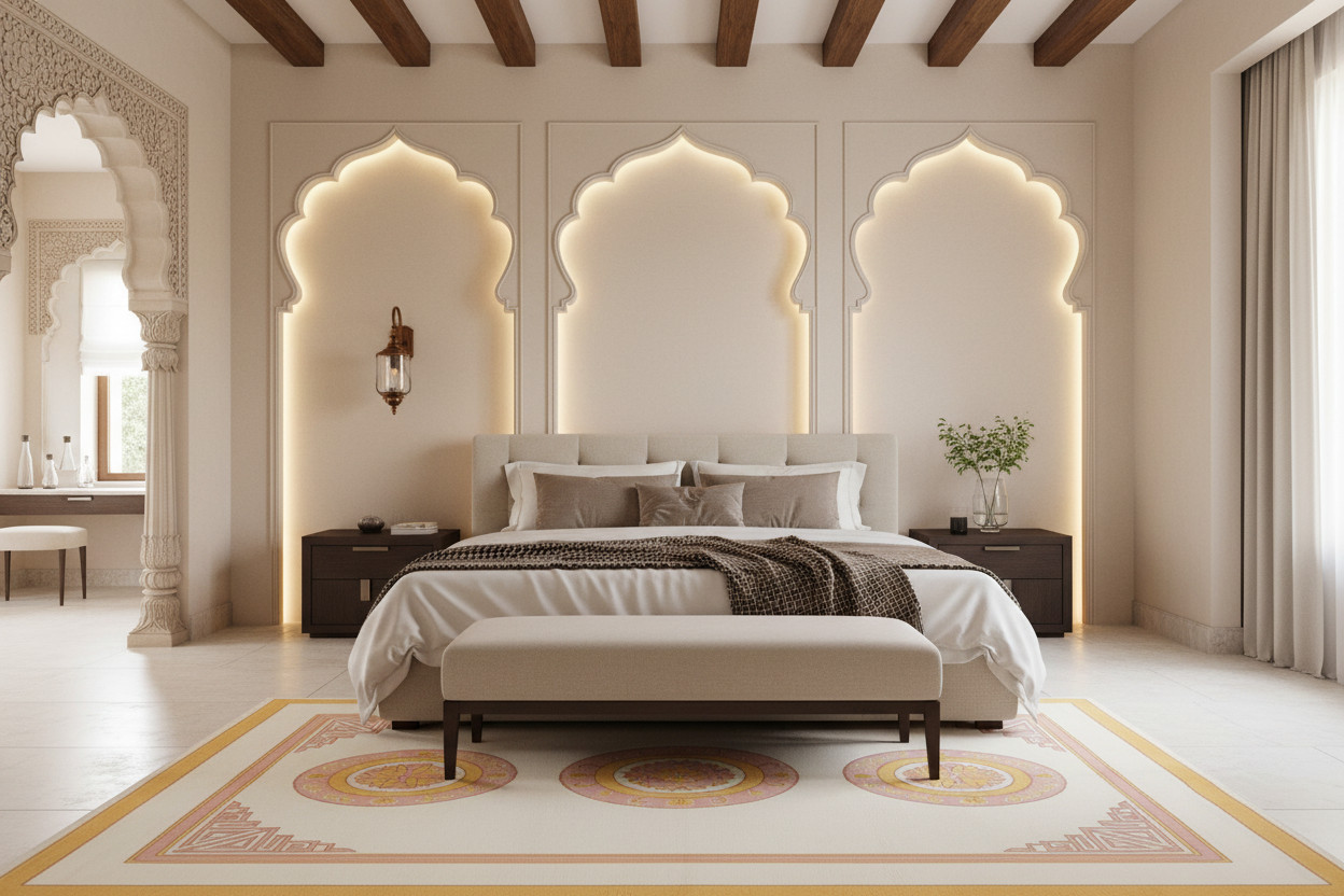 Modern bedroom with a large bed, decorative rug, and wall lights.