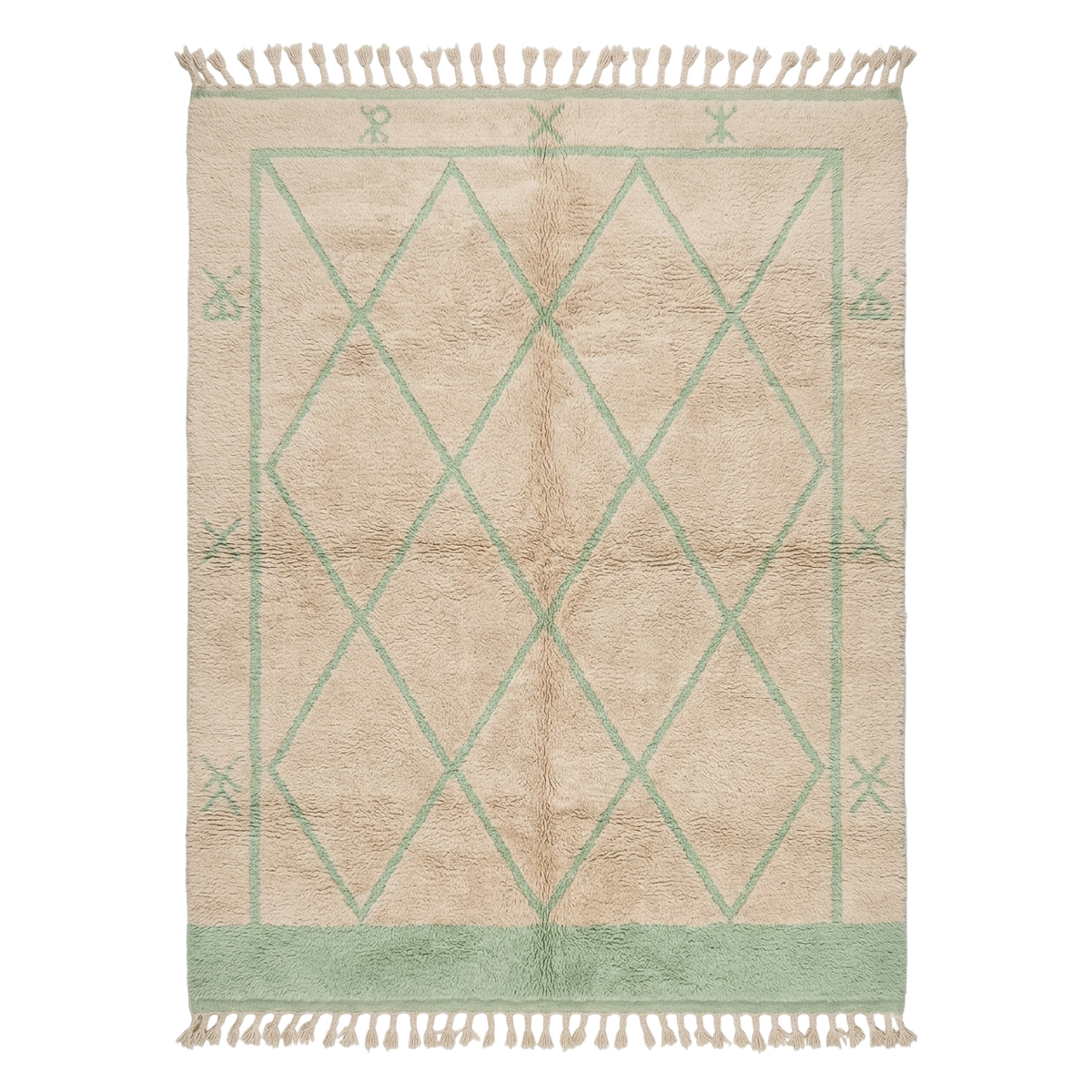 Beige and green geometric patterned rug with tassels on a white background
