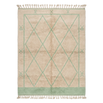 Beige and green geometric patterned rug with tassels on a white background