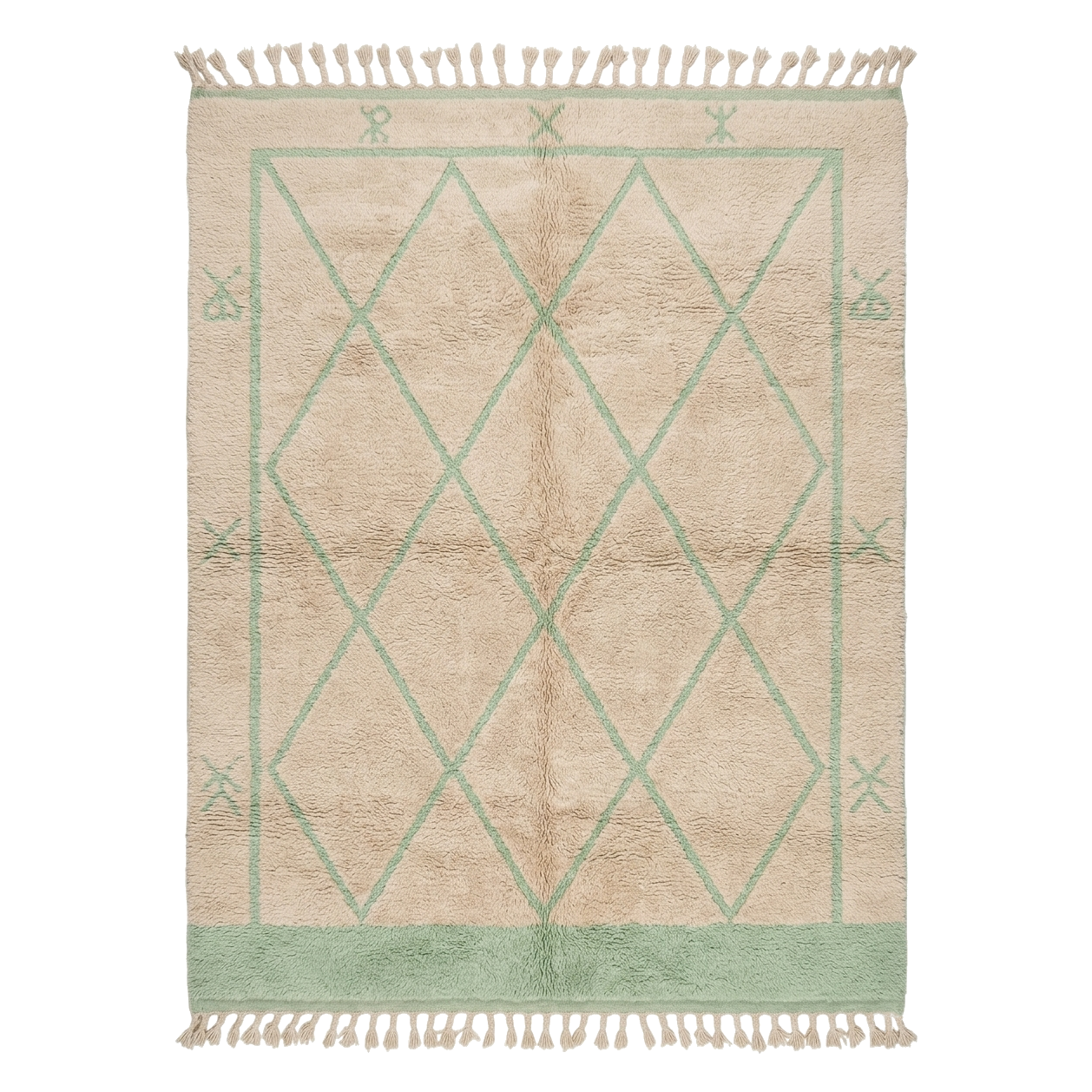 Beige and green geometric patterned rug with tassels on a white background