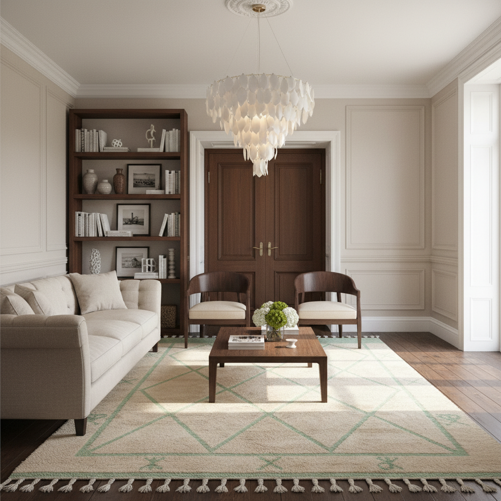 A beautifully styled living room featuring a light beige sofa, a matching armchair, a wooden coffee table, and a large cream rug with a green geometric pattern. A dark wood bookshelf stands on the left, and a white chandelier hangs from the ceiling.