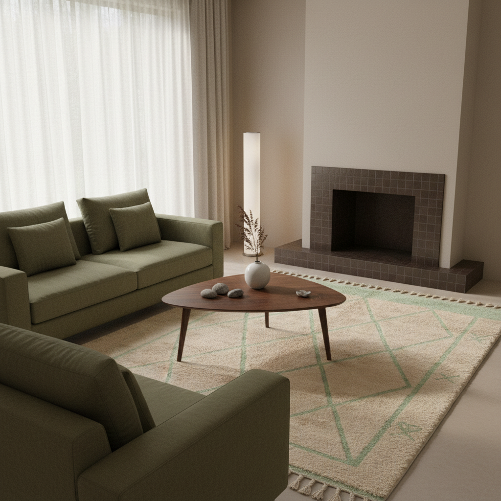A modern living room scene featuring a sage green sofa, a matching armchair, a round wooden coffee table, and a large cream-colored area rug with a light green geometric pattern. The room is styled with neutral tones, a tiled fireplace, and soft natural light from a window with sheer curtains.