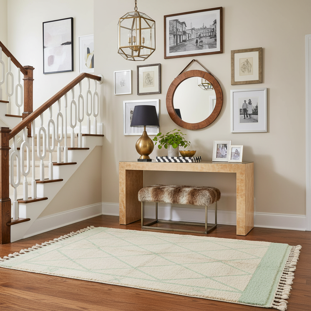 Staircase entryway with wooden console table,  accent rug, mirror, and decorative items.