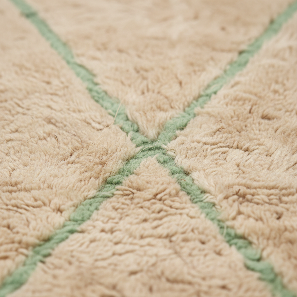 Close-up of a beige textured rug with a light green geometric diamond pattern.