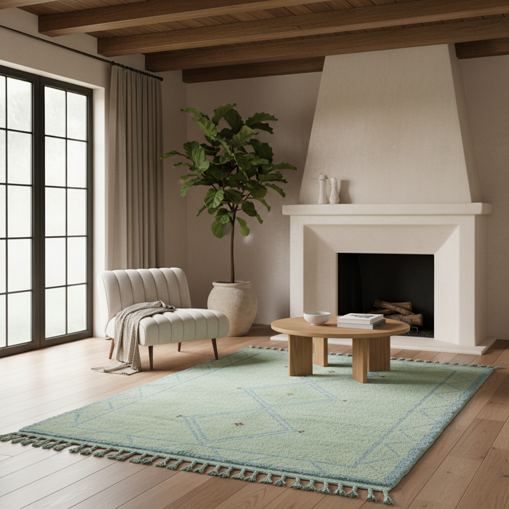 Modern living room with a fireplace, green shaggy rug, and chair.