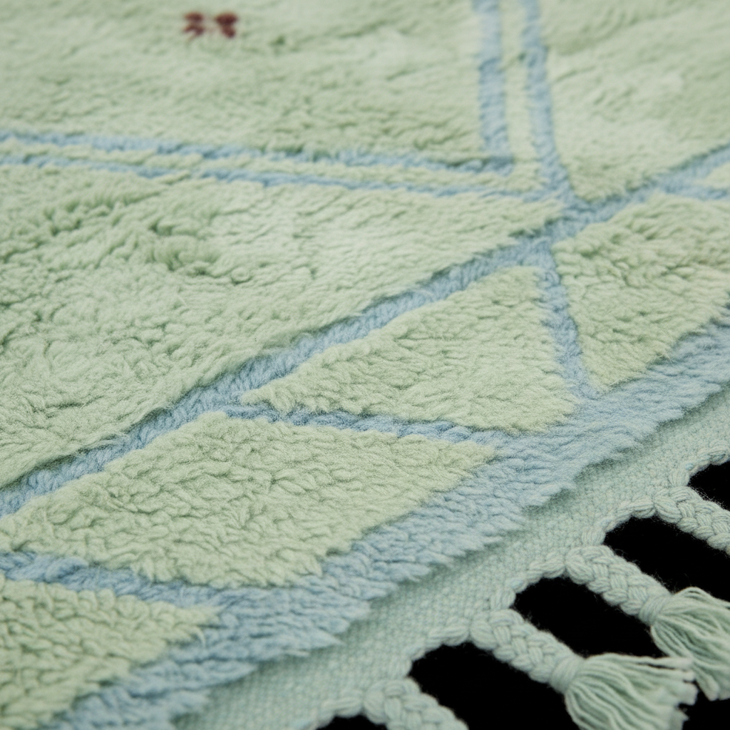 Close-up of a textured rug with a geometric pattern in pale sage green and light blue, featuring a tassel fringe along the edge.