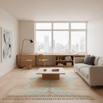 A modern, sunlit living room with a light beige sofa, a low wooden coffee table, a patterned beige and blue area rug, a built-in wood desk and shelving by large windows, and a city skyline visible outside.