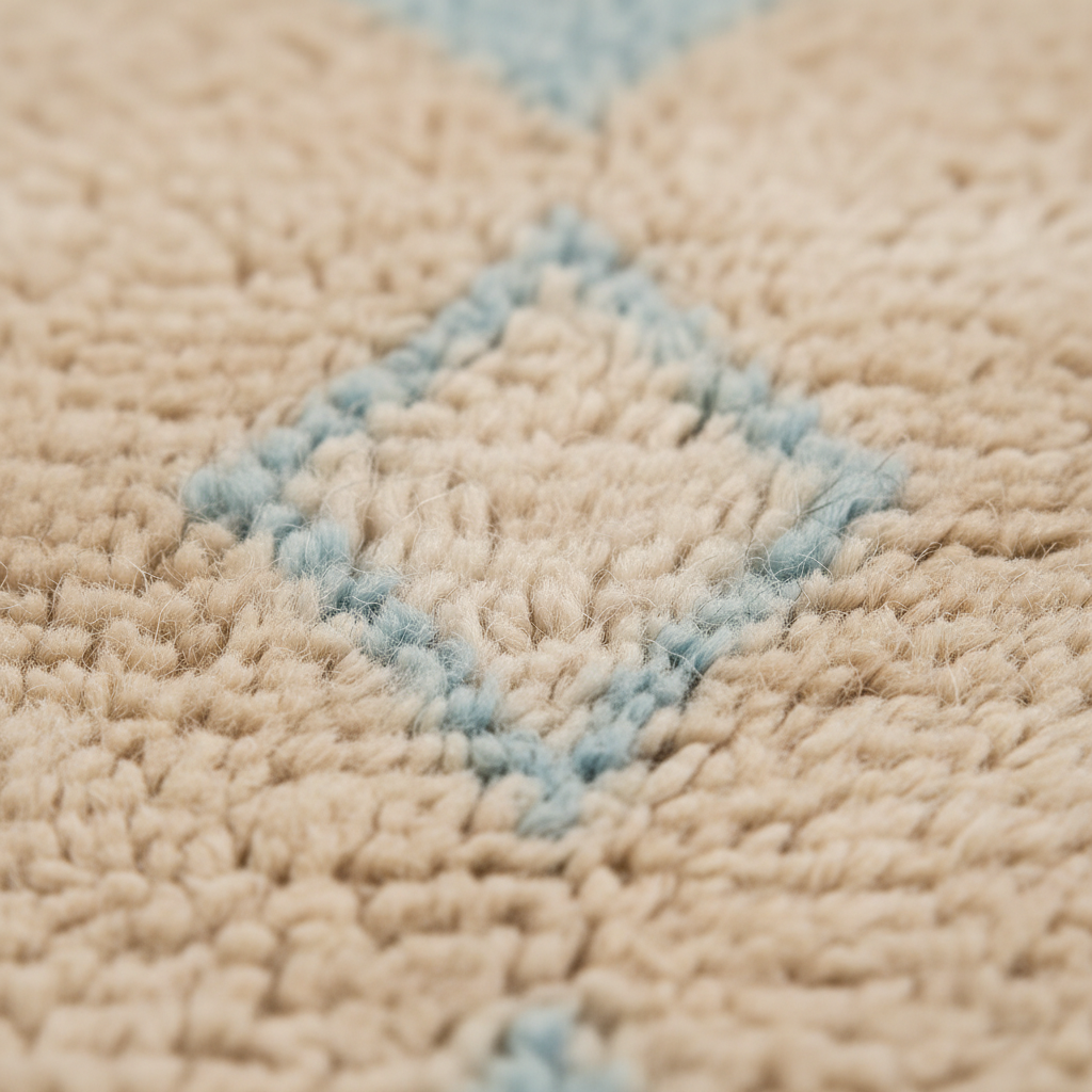 Close-up of a textured beige rug with a light blue geometric diamond pattern.