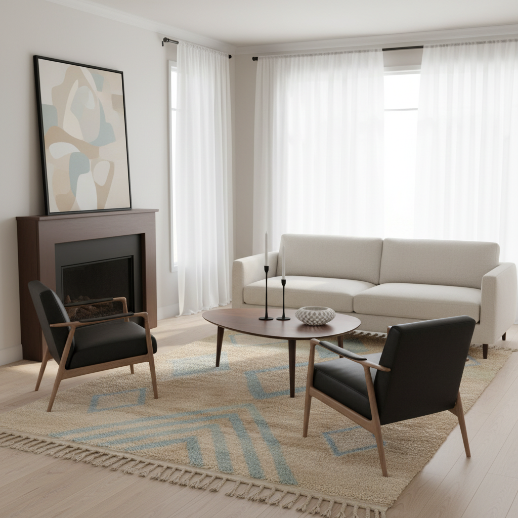 A modern living room scene with a cream sofa, two black armchairs with wood frames, a round coffee table, a patterned rug, sheer white curtains, and a dark wood fireplace with a framed abstract artwork.