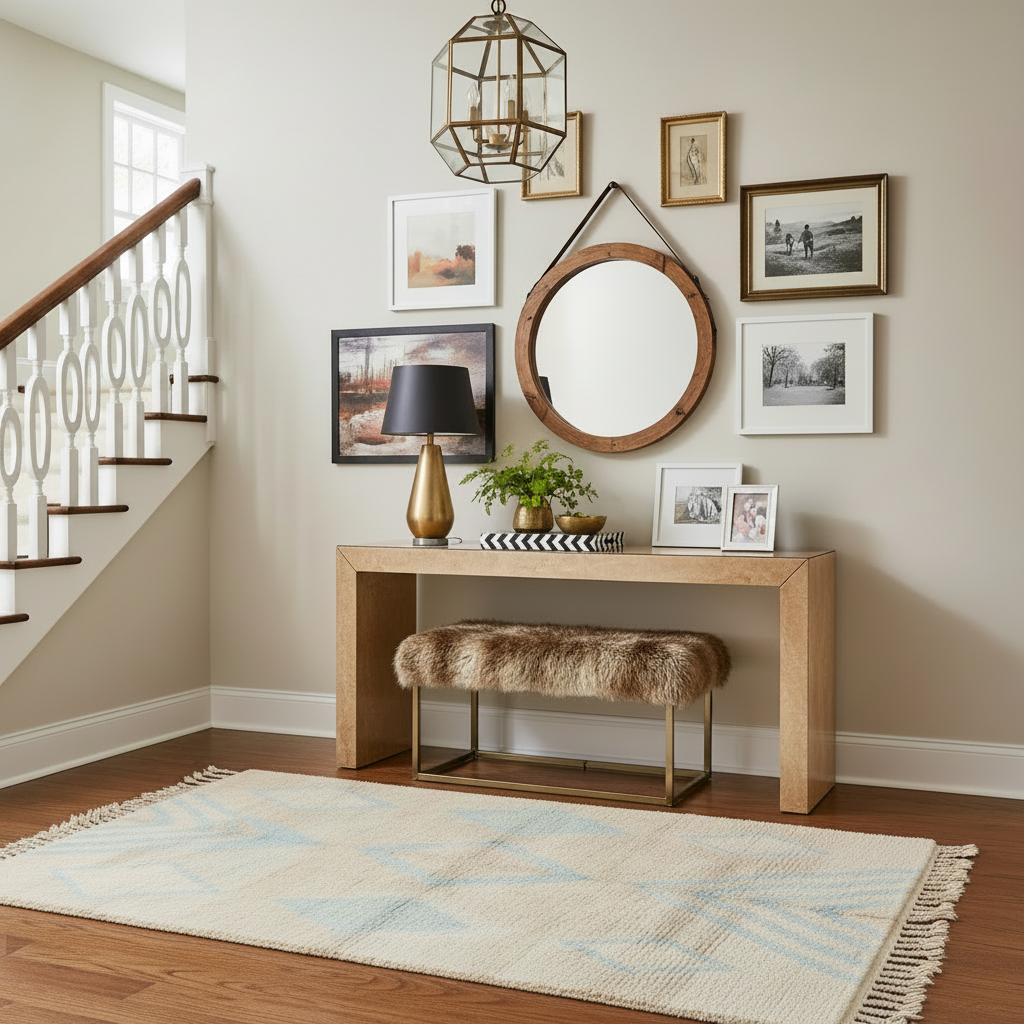 Entryway with wooden console table, mirror,  accent rug, and framed pictures on a beige wall.