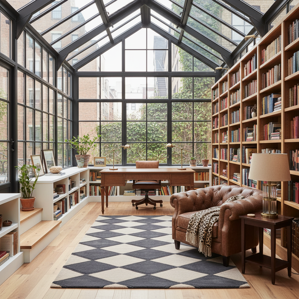 Modern home office with large windows, gray rug, bookshelves, and a leather sofa.