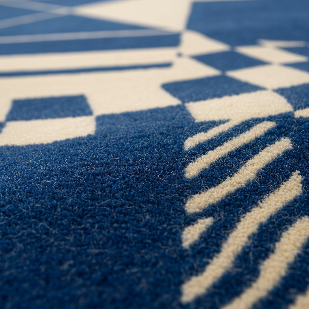 Close-up of a textured blue and cream geometric patterned rug, showing the detailed pile and color contrast.