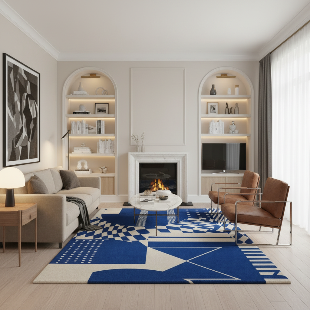 A modern living room featuring a large blue, white, and beige geometric area rug under a white coffee table. The room includes a beige sofa, two brown leather armchairs with chrome frames, a white fireplace with a lit fire, built-in shelving, and a large black and white abstract wall art piece.