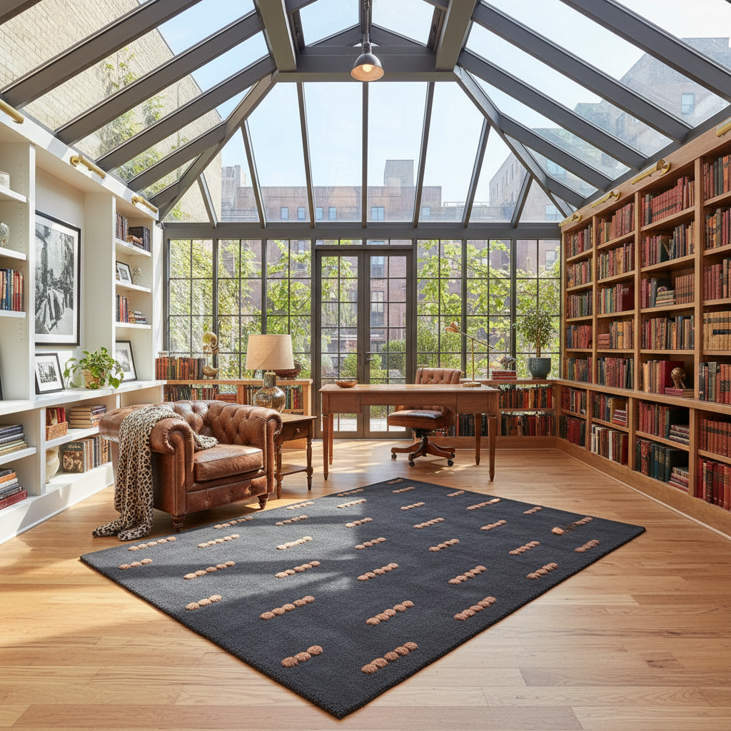 Modern office with large windows, charcoal rug, bookshelves, and a desk.