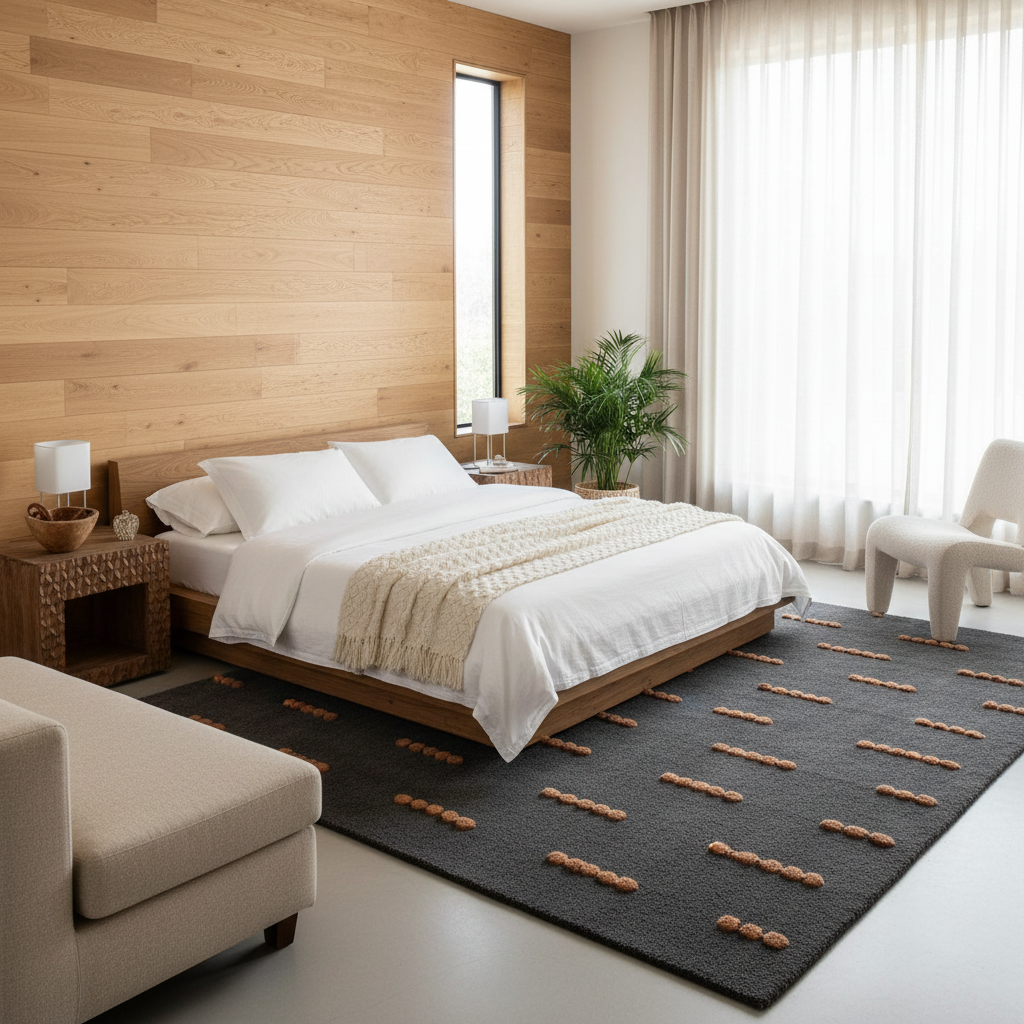 A modern bedroom interior featuring a low wooden platform bed dressed in white linens and a cream throw, set on a dark charcoal rug with tan geometric accents. The room has a light wood plank accent wall, a tall narrow window, sheer white curtains, and a white sculptural chair.