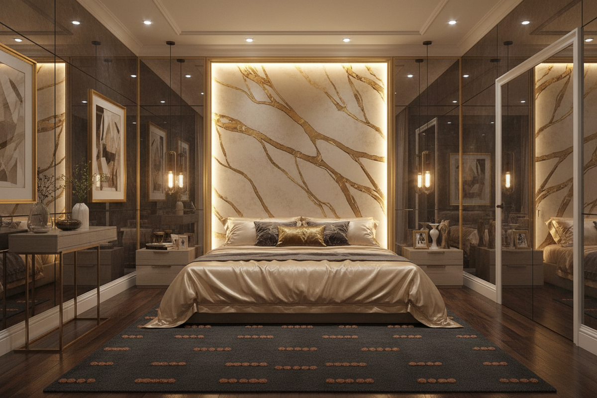A luxury modern bedroom featuring a large bed with beige satin bedding, a dark patterned rug, and a dramatic illuminated marble-look accent wall behind the headboard. The room is styled with gold accents, wood flooring, and mirrored walls.