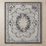 Dove Gray Aubusson Wreath Hand Tufted Wool Rug - studio photo
