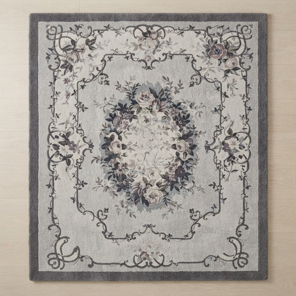 Dove Gray Aubusson Wreath Hand Tufted Wool Rug - studio photo
