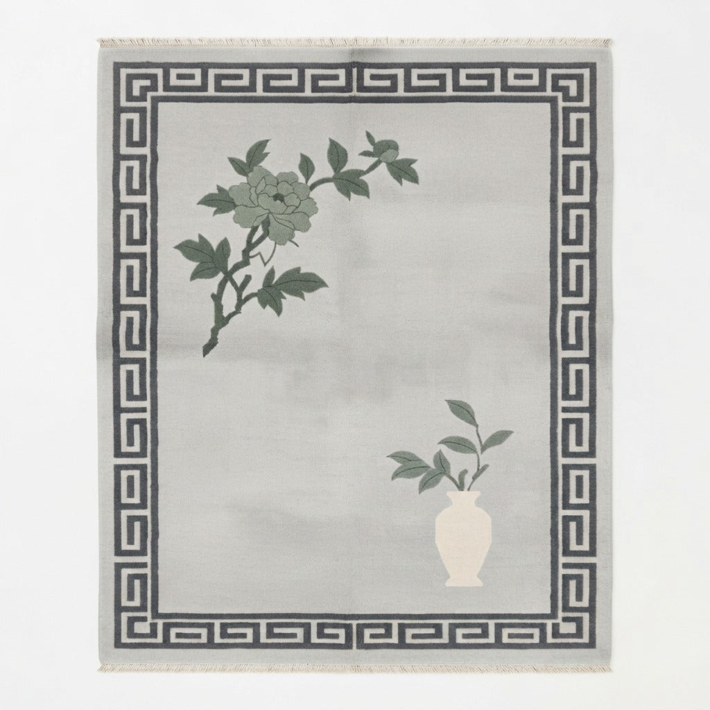 Dove Gray Peony Hand Knotted Rug - studio photo
