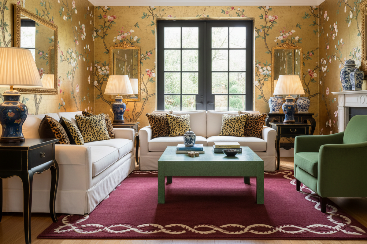 Luxurious living room with floral wallpaper, white sofas, decorative elements with Red Hand Tufted Wool Rug by 1001 Knots