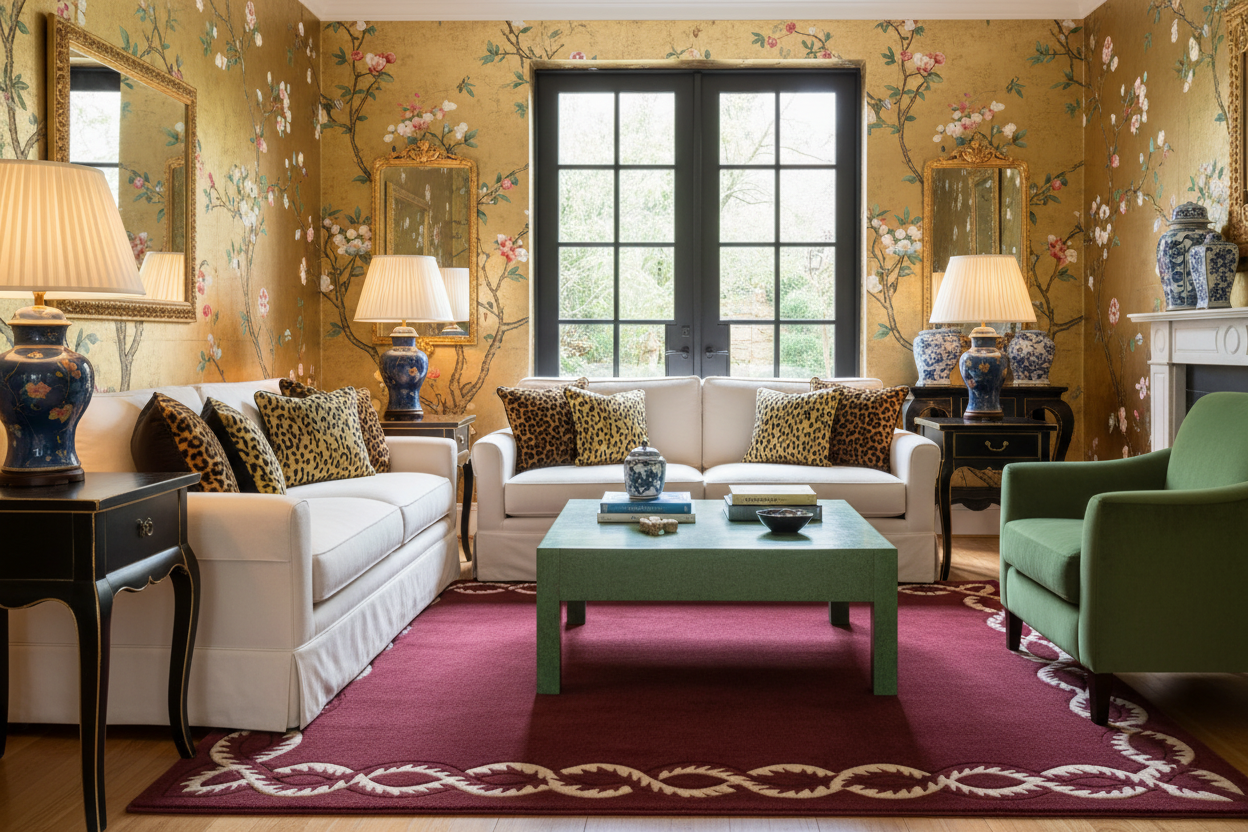 Luxurious living room with floral wallpaper, white sofas, decorative elements with Red Hand Tufted Wool Rug by 1001 Knots