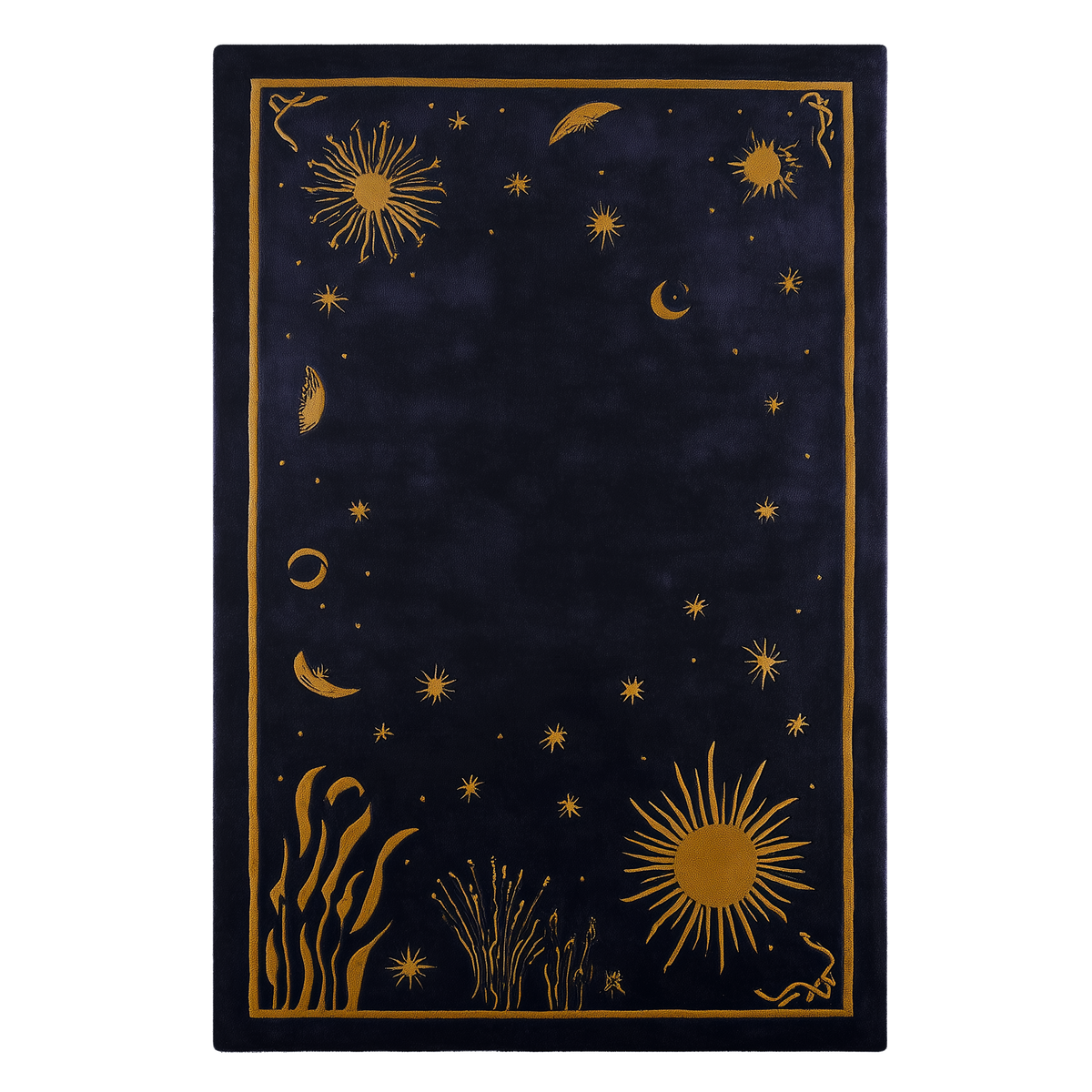 Decorative rug with gold celestial designs on a black background