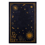 Decorative rug with gold celestial designs on a black background