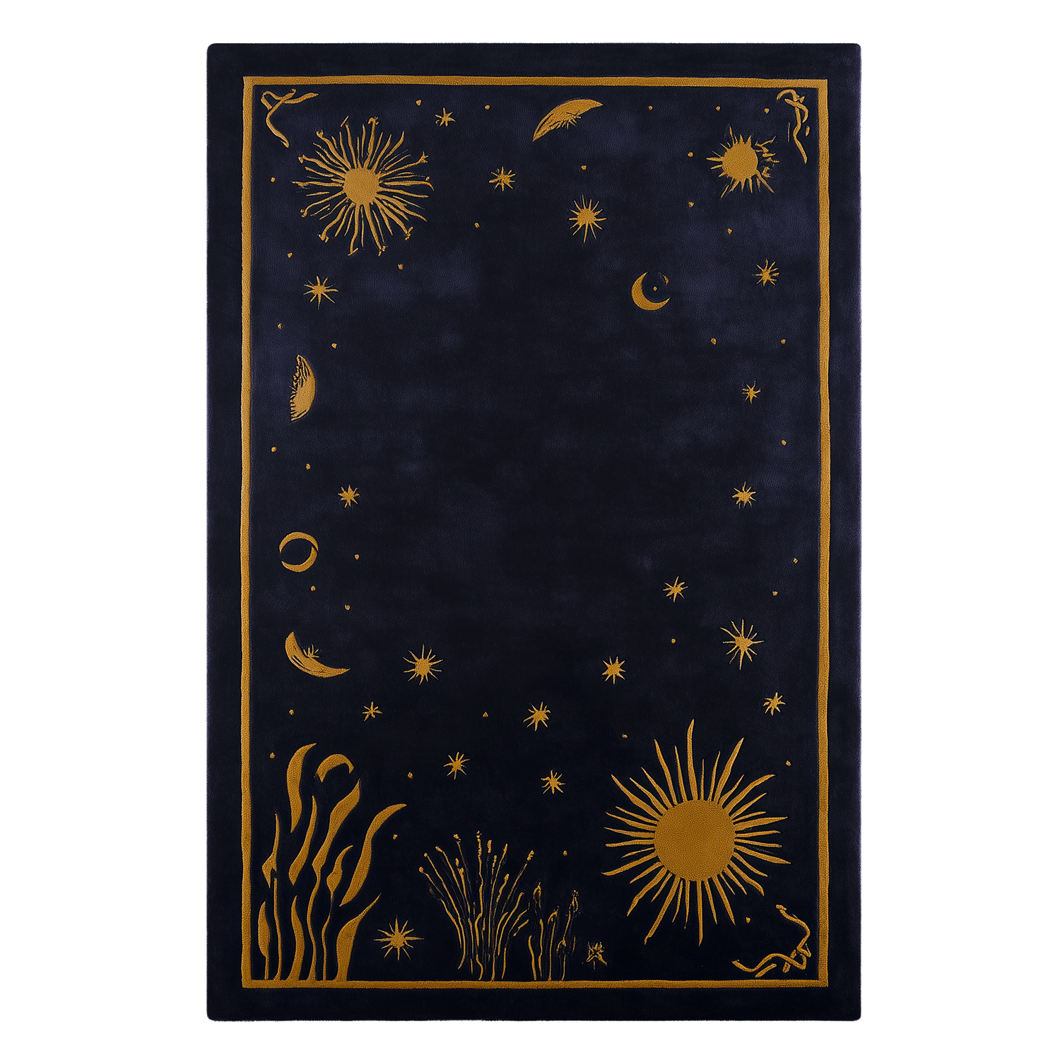 Decorative rug with gold celestial designs on a black background