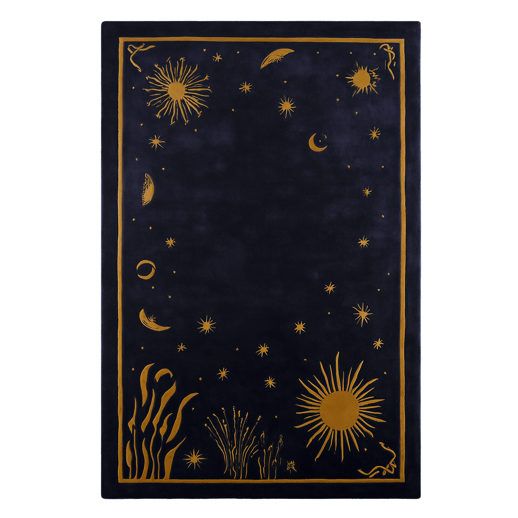 Decorative rug with gold celestial designs on a black background