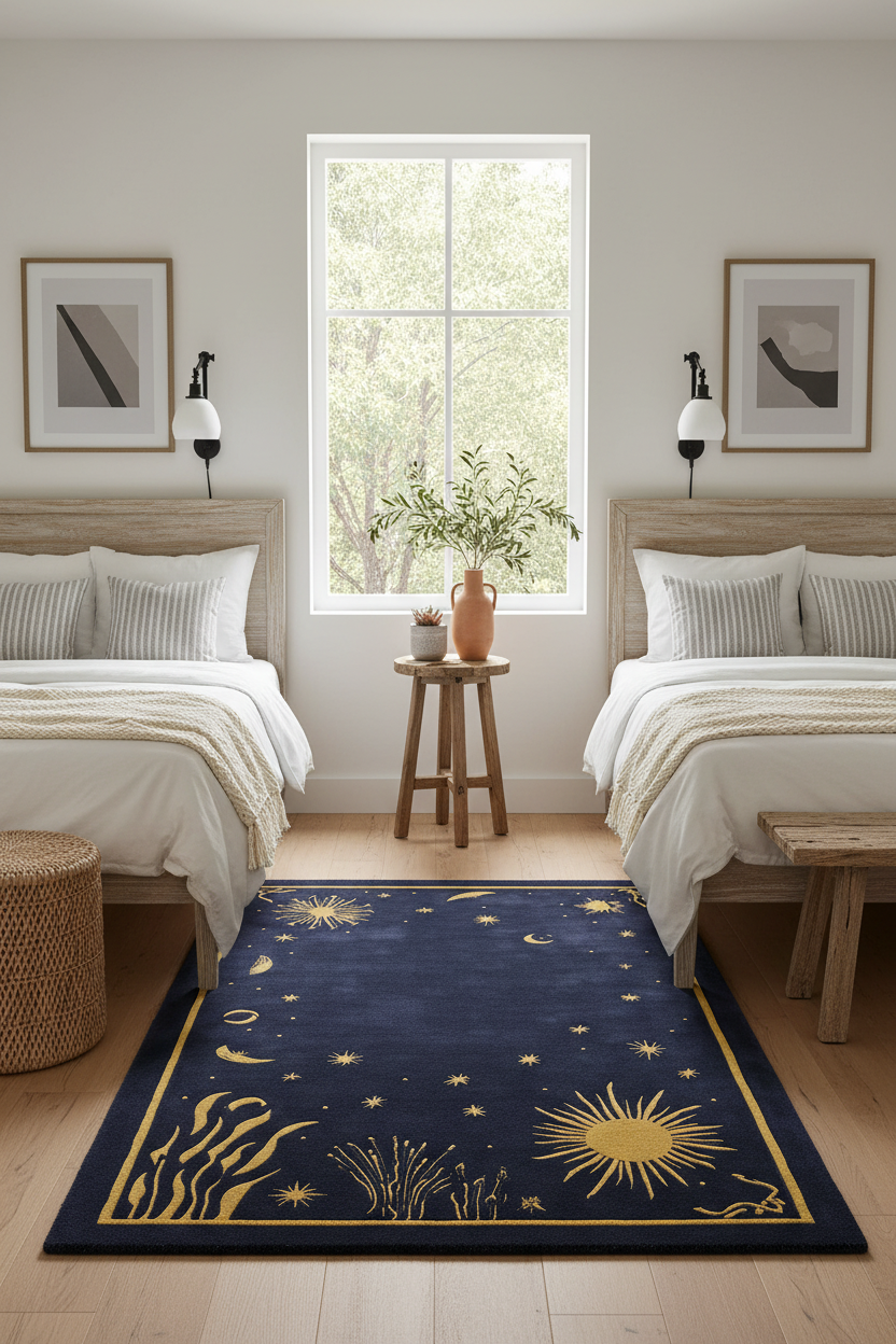 Two beds in a bedroom with a decorative rug featuring celestial designs.