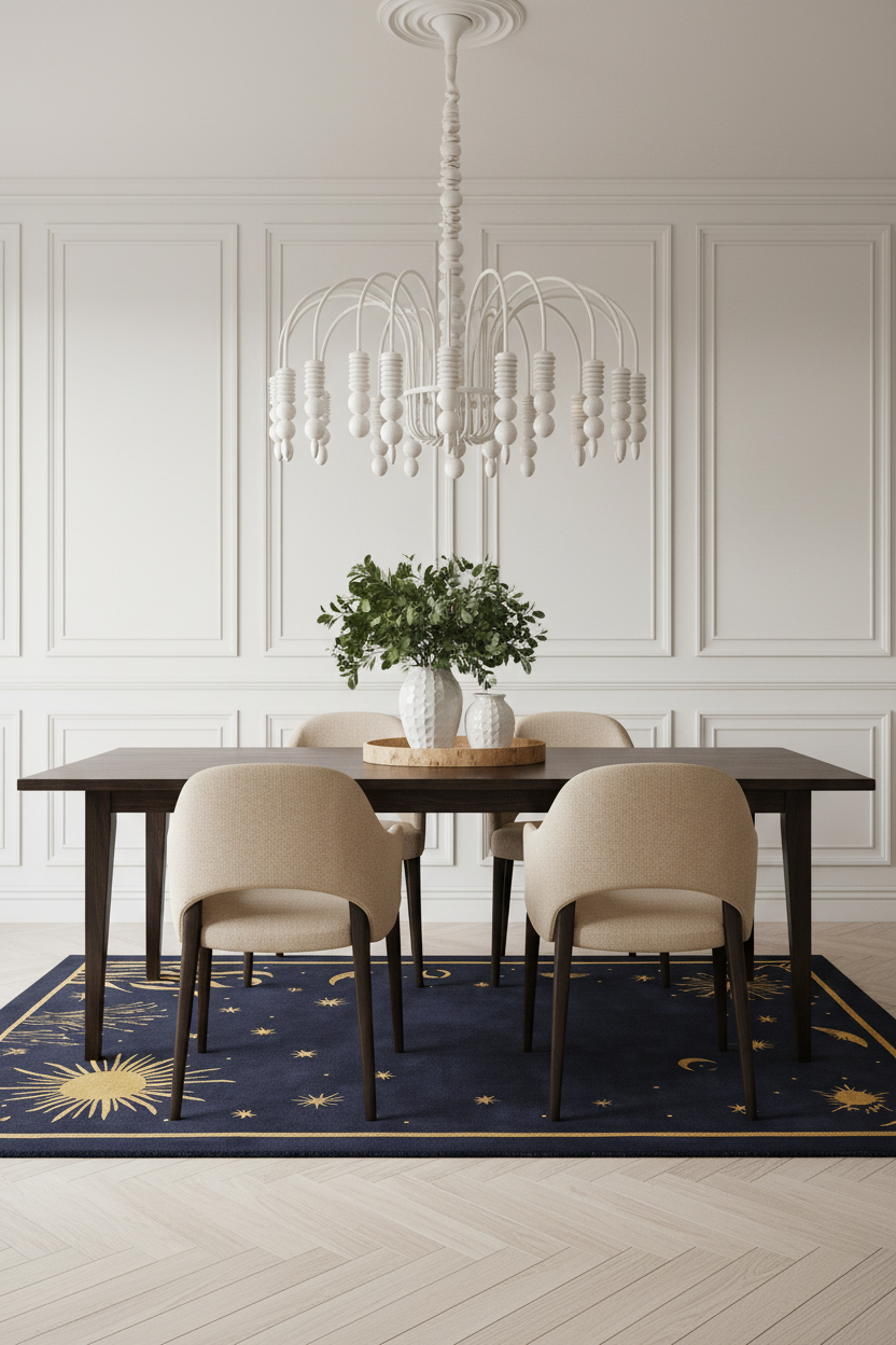 A styled dining room scene featuring a dark wood rectangular table, four upholstered dining chairs in a light beige fabric, a navy blue area rug with gold celestial patterns, and a white multi-arm chandelier hanging above.