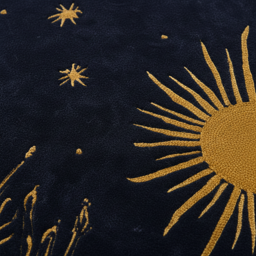 Close-up of a dark navy textile surface with raised gold embroidered or tufted sun and star motifs.