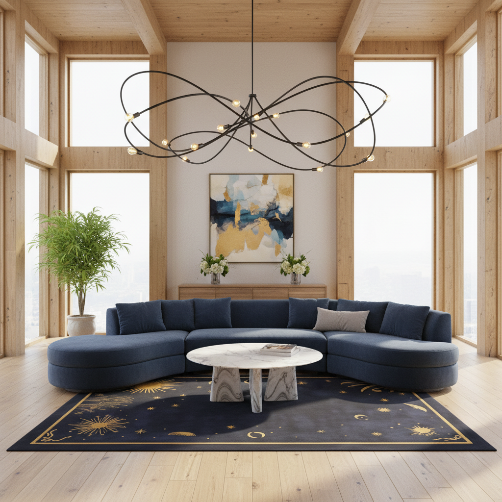 A modern curved sectional sofa in deep navy blue is styled in a bright, contemporary loft with light wood walls and large windows. The sofa is arranged on a dark navy area rug with gold celestial patterns, surrounding a round white marble-top coffee table.