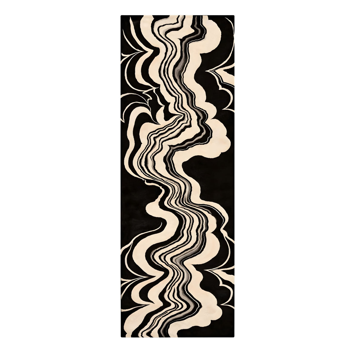 Abstract patterned rug with wavy lines on a black background