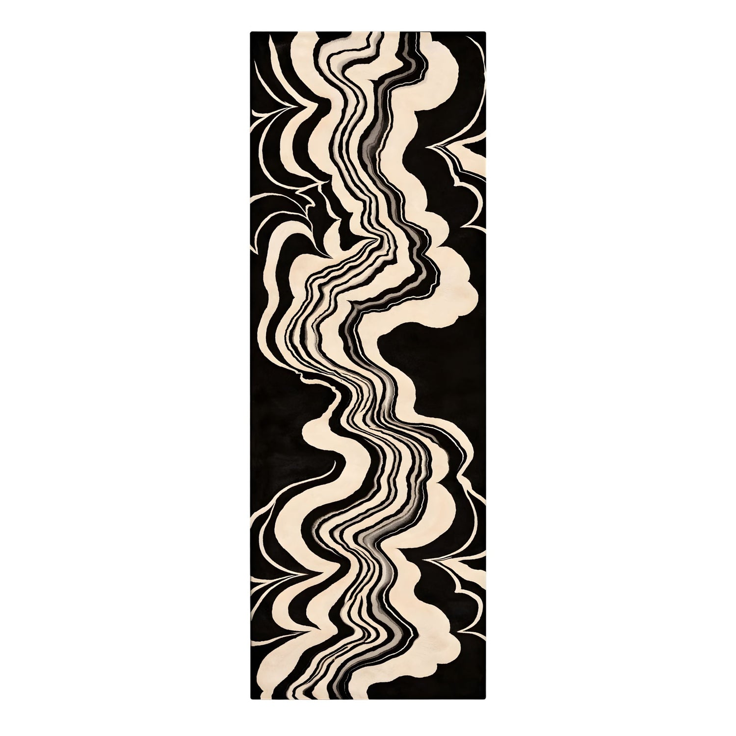 Abstract patterned rug with wavy lines on a black background